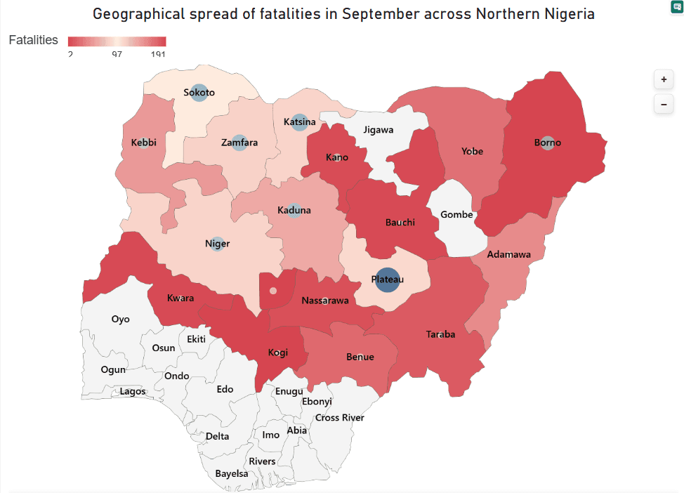 Geographical Spread of Fatalities in September (Data: ACLED)