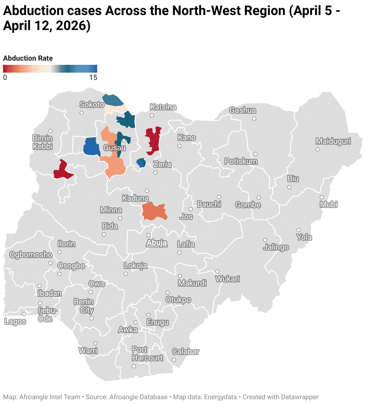 Cas d'enlèvement dans la région Nord-Ouest (5 avril - 12 avril 2026). Voir la carte interactive ici https://www.datawrapper.de/_/frKtQ/?v=3