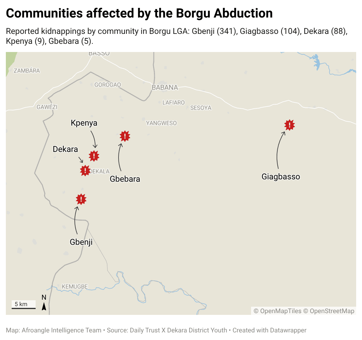 Fig 1. Hotspots for Abduction in Borgu LGA